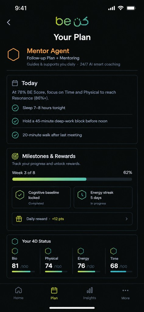 BE KONN app showing the personalised wellbeing plan