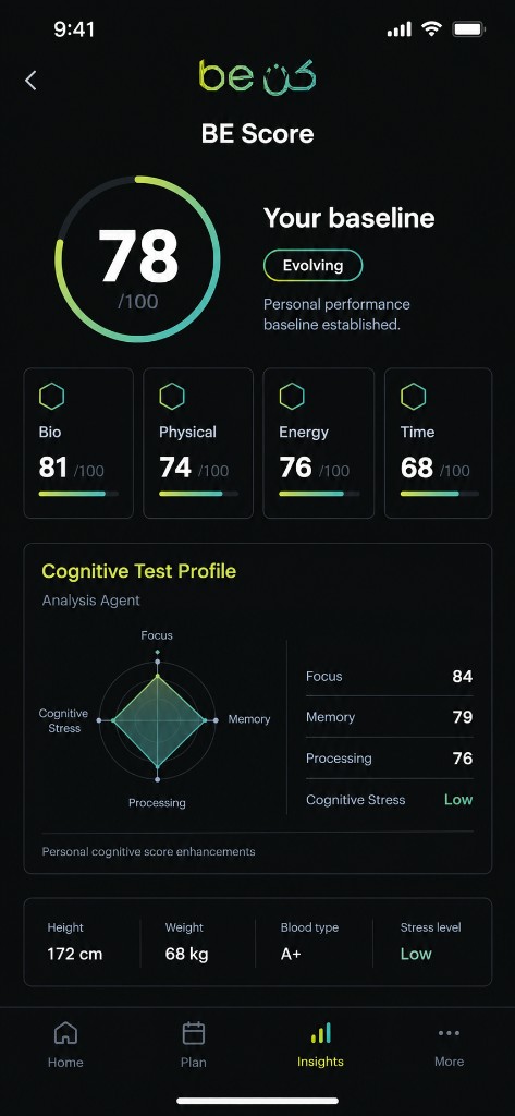 BE KONN app showing the personal BE Score